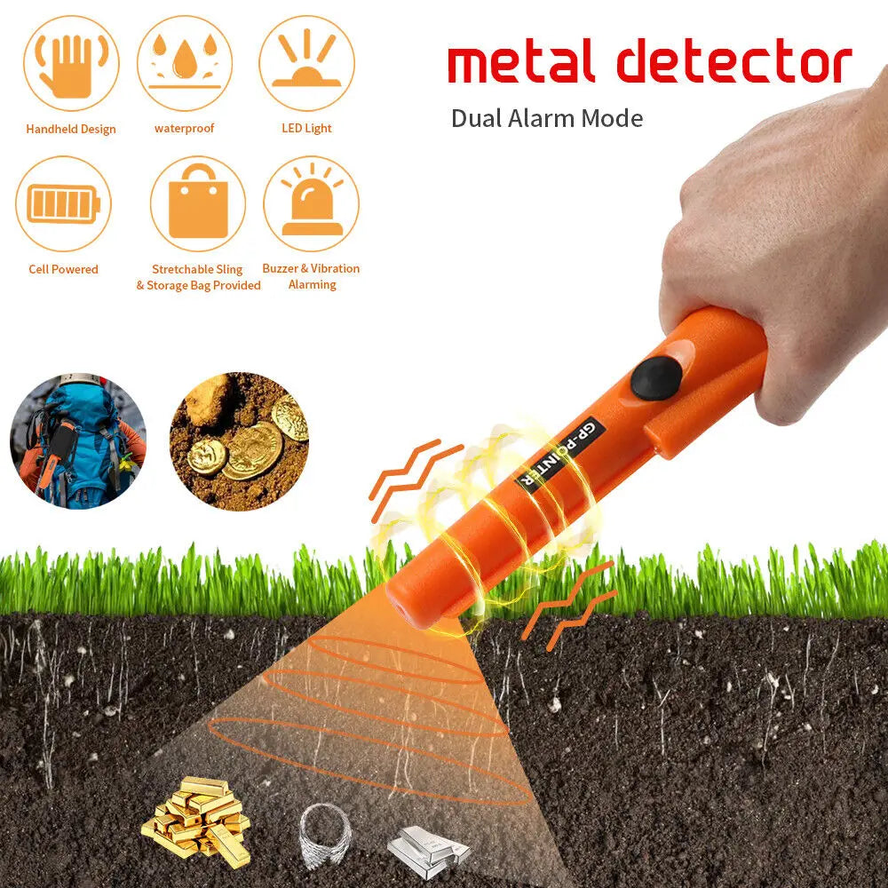 An orange handheld metal detector is shown scanning the ground for buried metal objects.