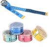A set of soft flexible tape measures in blue and yellow, including a long measuring tape and several rolls for sewing and bod