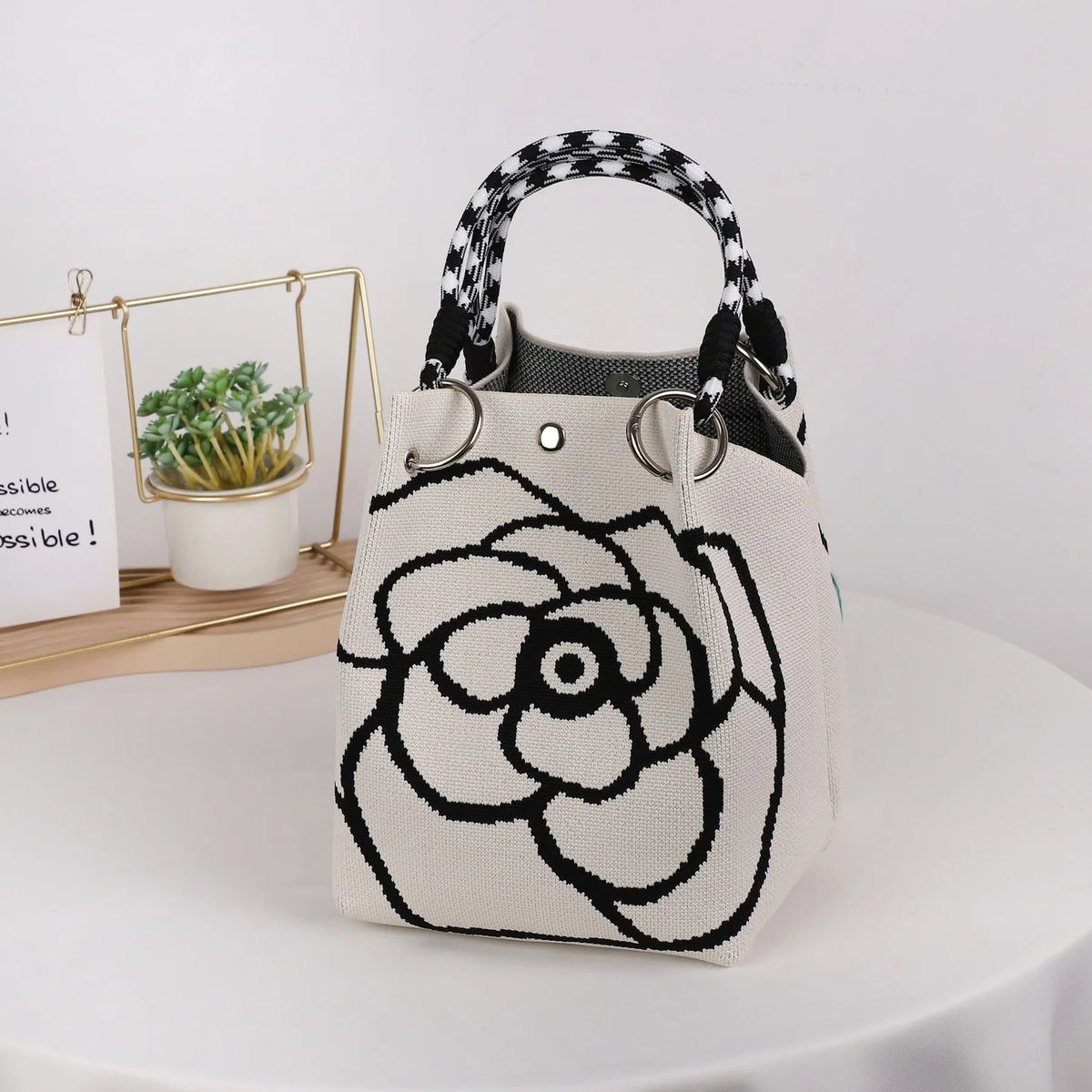 Mini Knitted Colorblock Bucket Bag with Detachable Handle