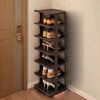 A dark brown vertical shoe rack with five tiers for storing and organizing shoes.