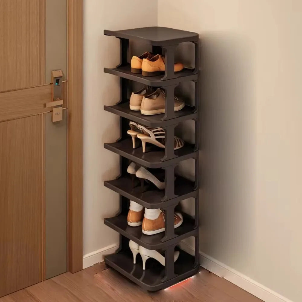 A dark brown vertical shoe rack with five tiers for storing and organizing shoes.