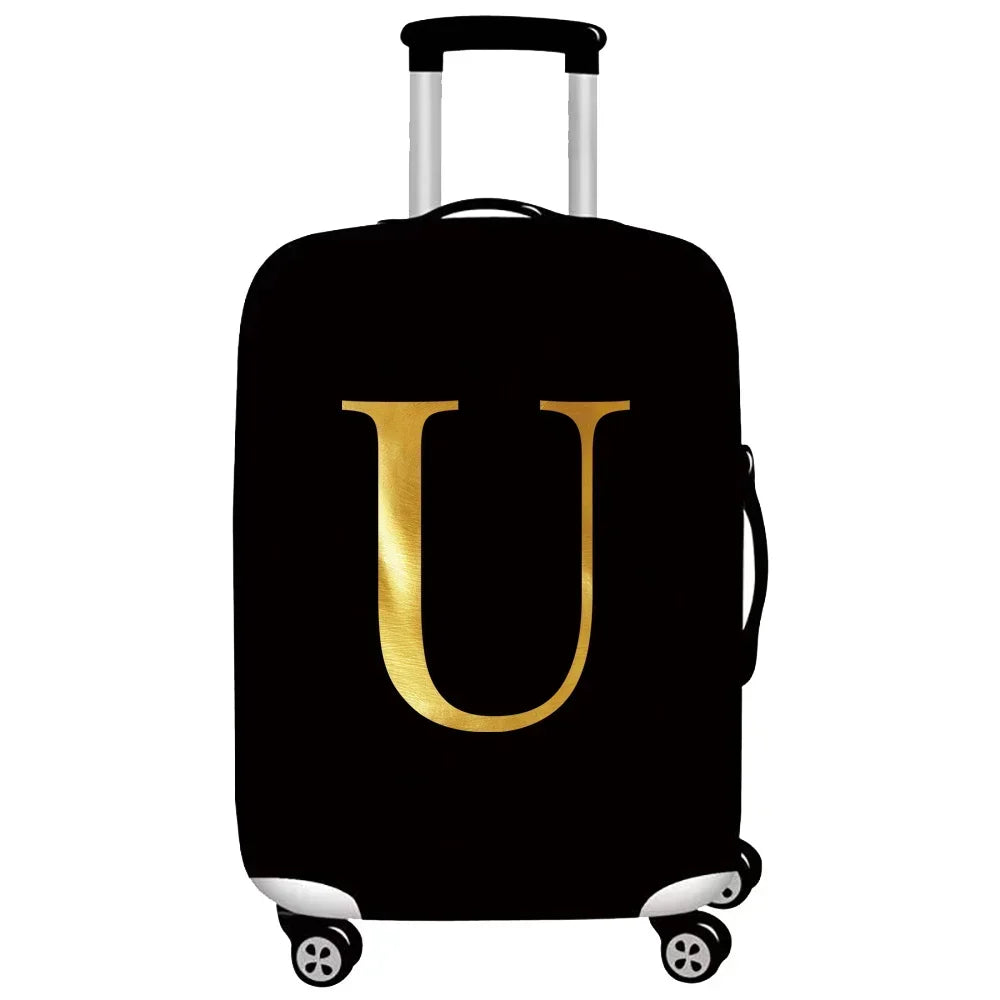 Black rolling suitcase with a gold letter U print and a black handle.