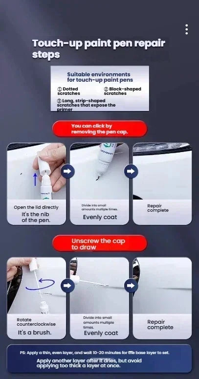 Instructions showing the steps to use an automotive touch-up paint pen for scratch repair