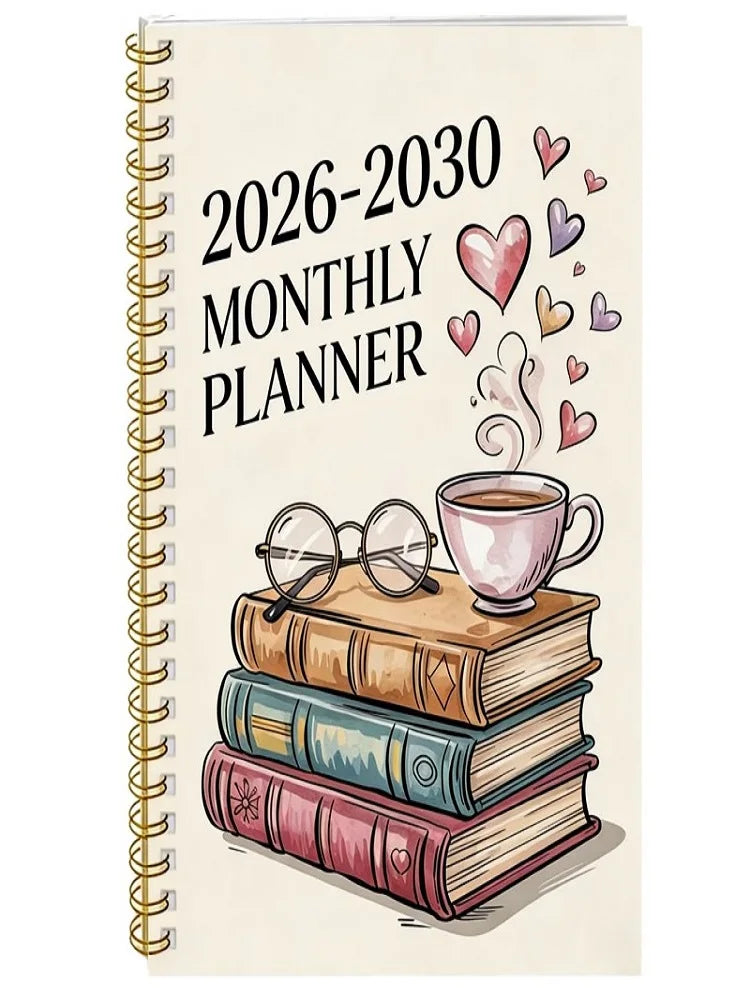5-Year Monthly Planner with Reading-Themed Cover, Lay-Flat Spiral Binding
