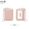 A pink RFID protected accordion wallet for credit cards with a silver chain.