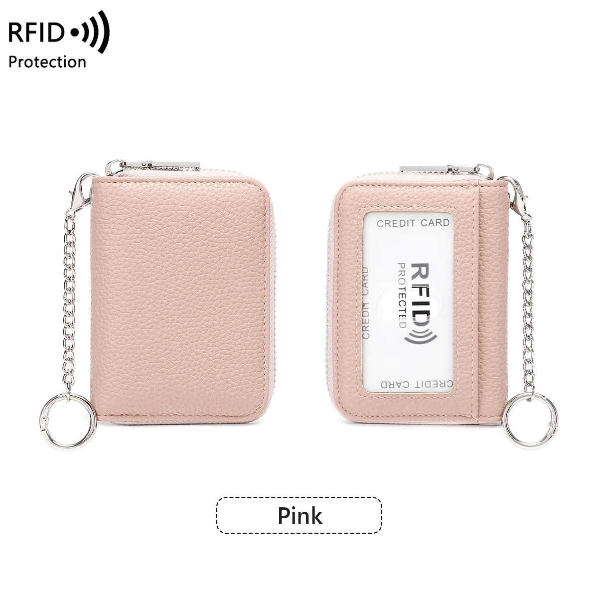 A pink RFID protected accordion wallet for credit cards with a silver chain.