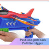 A child holds a red and yellow foam plane launcher toy gun designed for outdoor play.