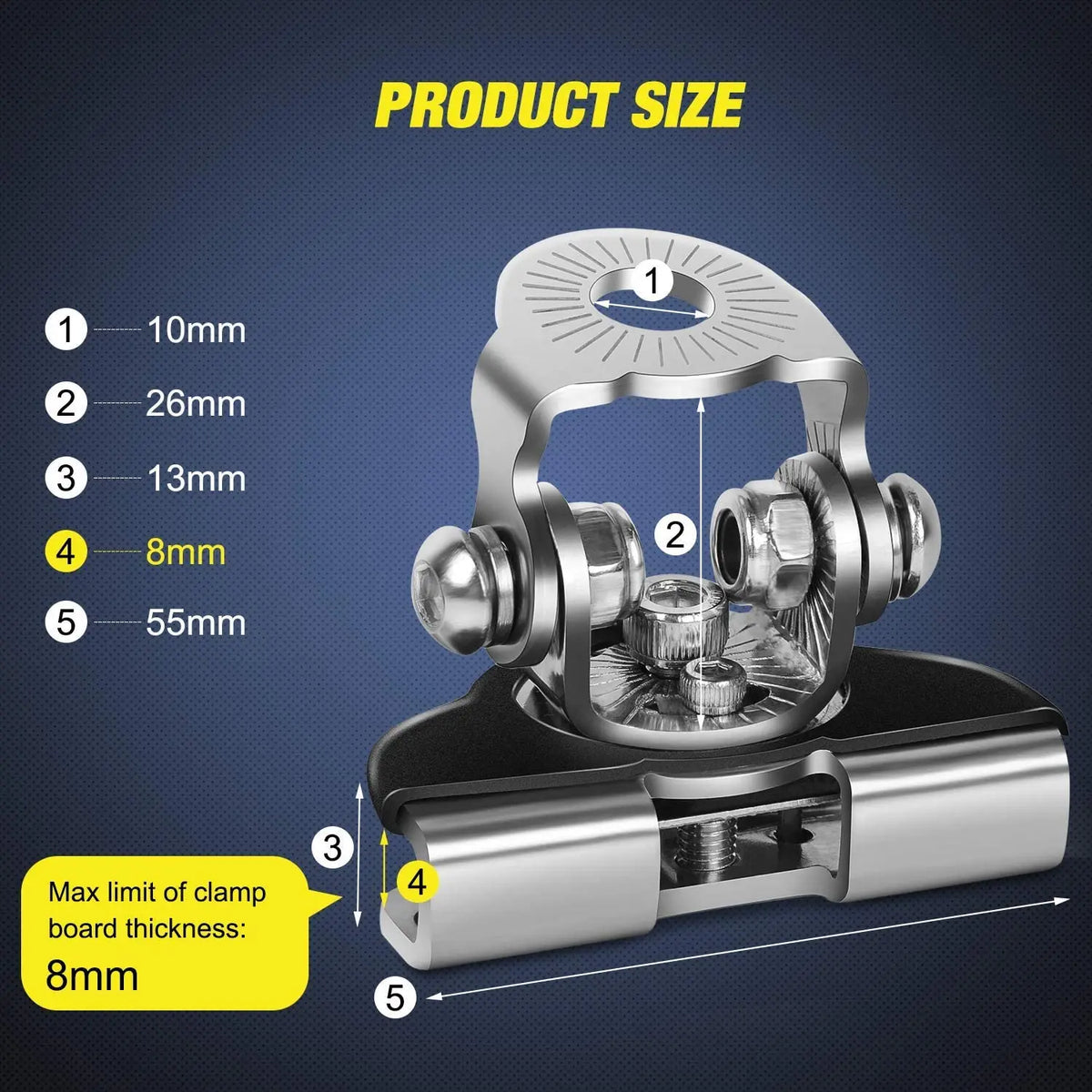 Diagram showing various sizes of stainless steel mounting brackets and a clamp board thickness measurement.