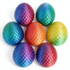 Six iridescent, textured eggs in various shades of blue, purple, green, and orange.
