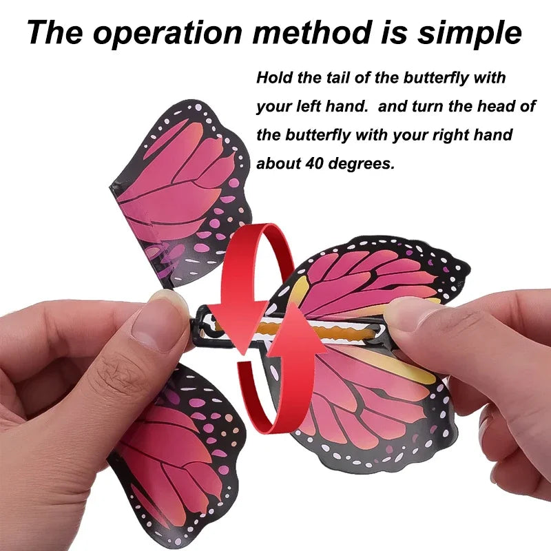 Hands demonstrate the operation method for a magic flying butterfly wind-up toy