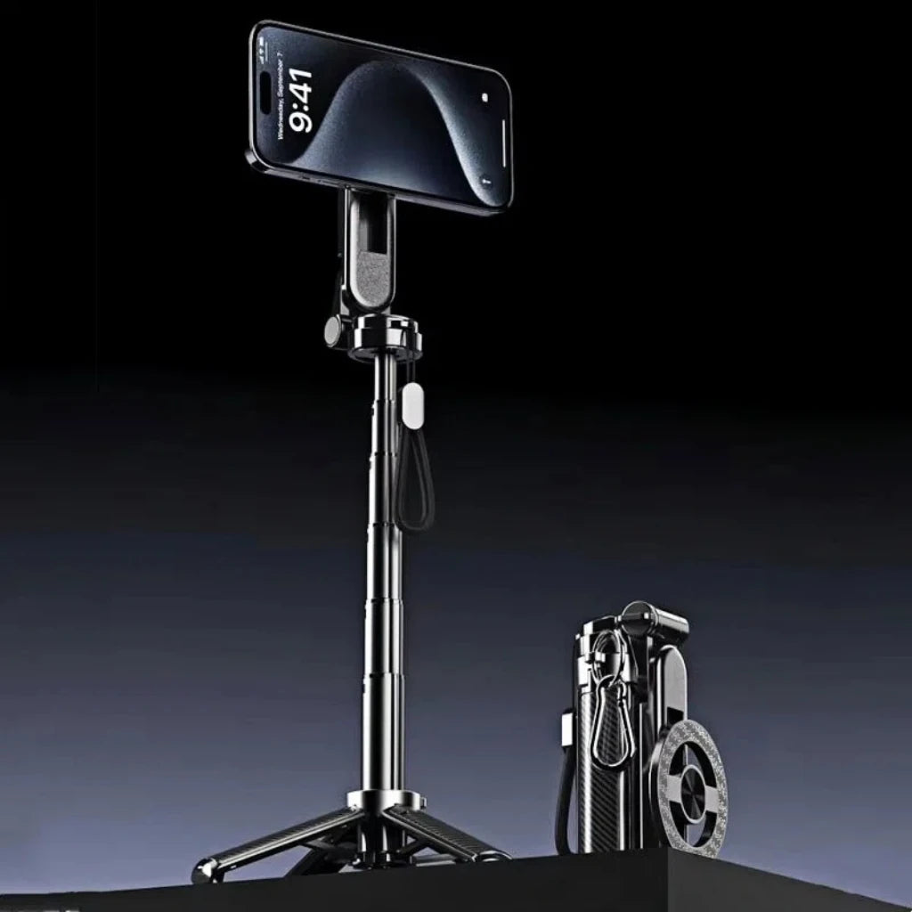 A black magnetic selfie stick mounted on a stand, showing a smartphone screen displaying 9:41.