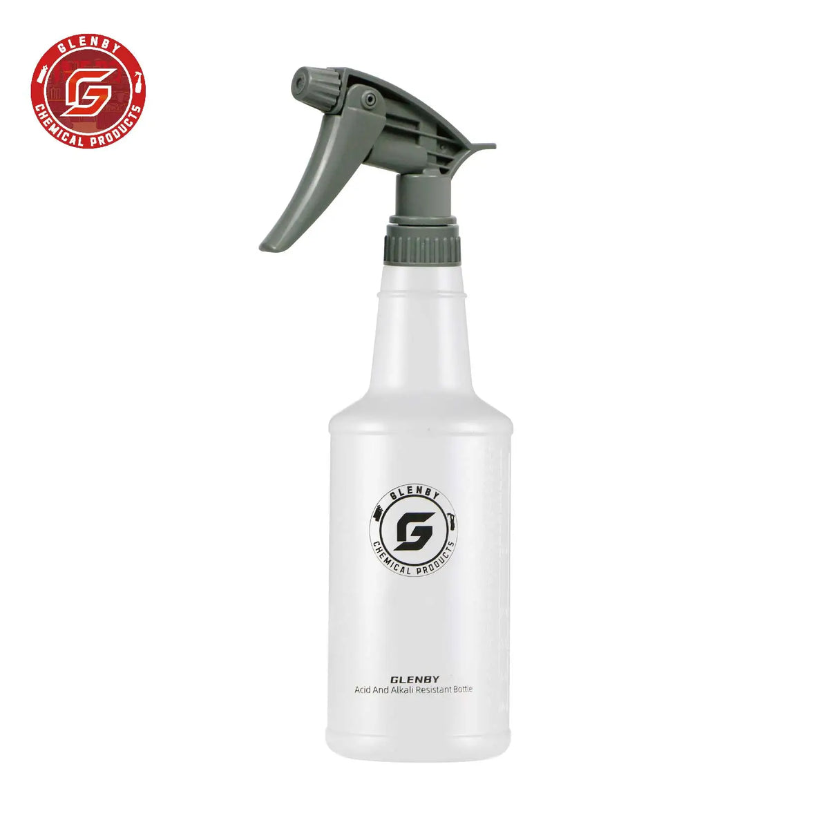 A white plastic spray bottle with a gray pump dispenser is shown against a white background.