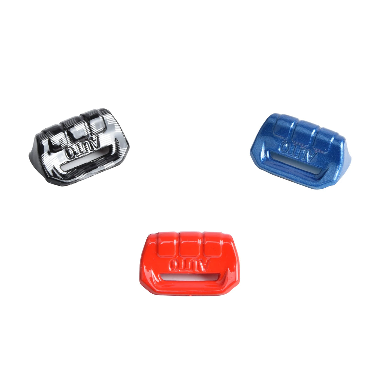 Three window switch trim covers for Jeep Wrangler JL and Gladiator JT in silver, blue, and red.