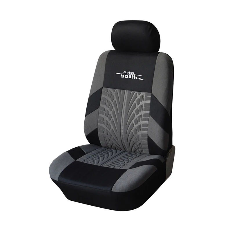 Black and gray car seat covers designed for two-row vehicles.