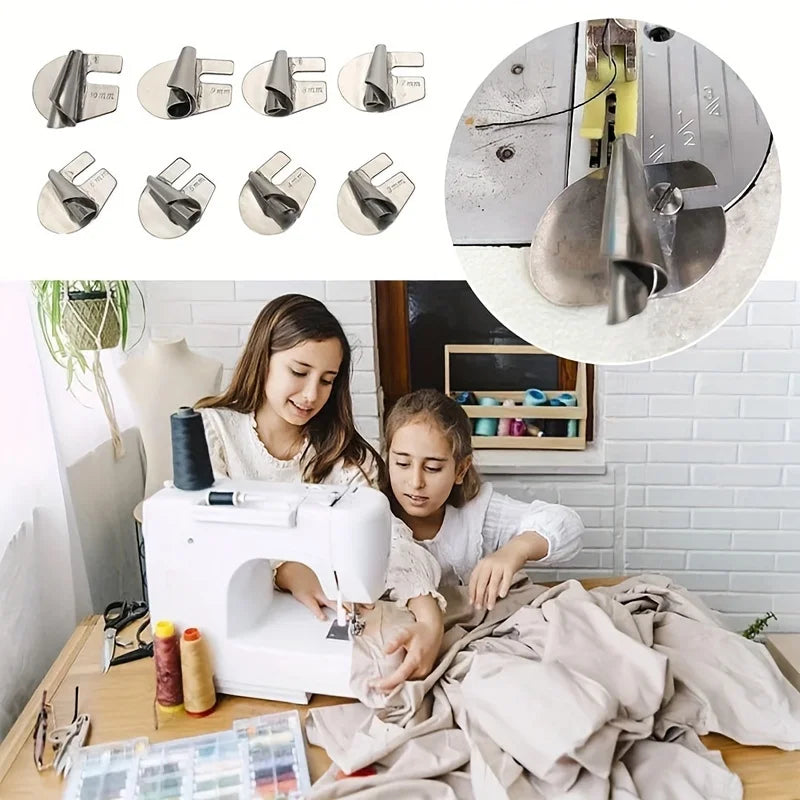 A woman is using a Rolled Hemmer Foot Set for sewing machines on fabric.