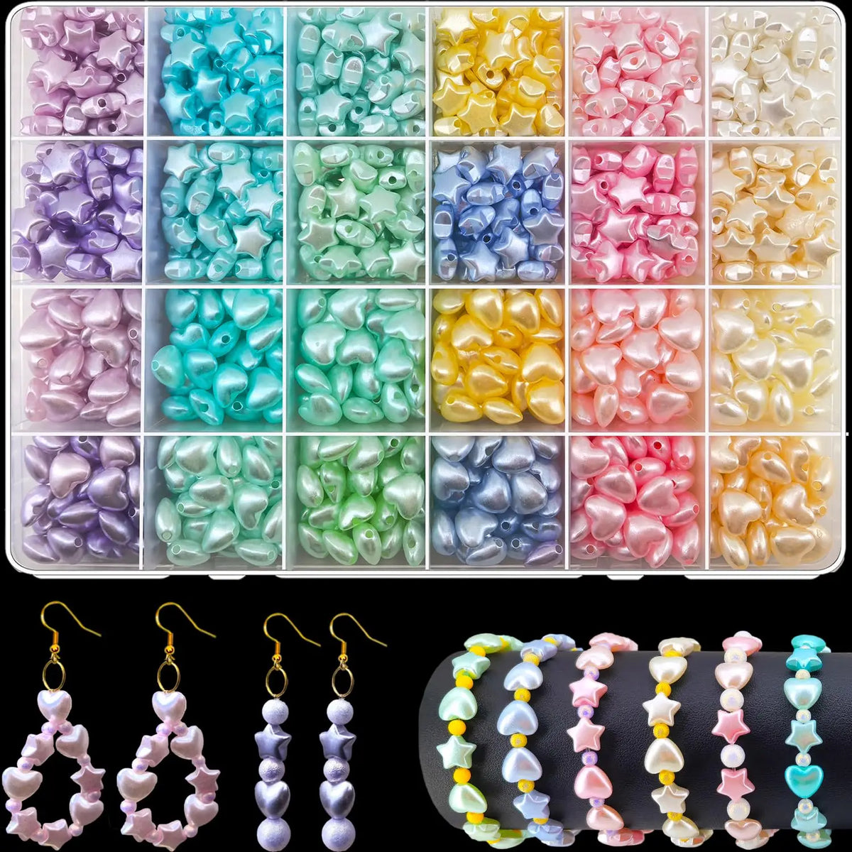 Acrylic Star & Heart Beads Set with Golden Foil Finish