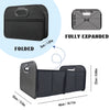 A black foldable car trunk organizer shown in folded and fully expanded views with dimensions.
