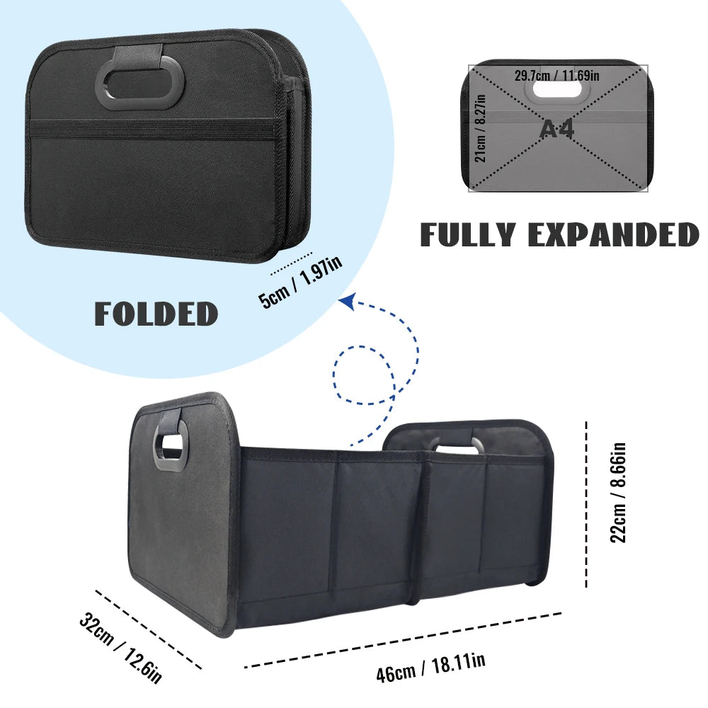 A black foldable car trunk organizer shown in folded and fully expanded views with dimensions.