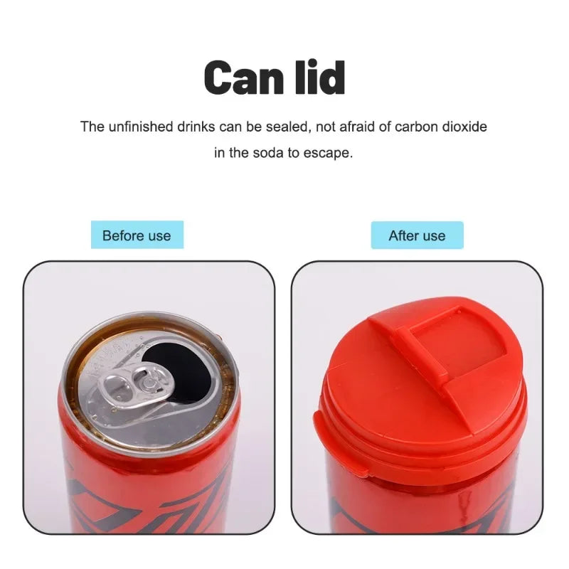 Before and after images showing a reusable leakproof can lid sealing an unfinished drink.