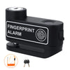 A black fingerprint alarm device is shown with accessories like a wire and keys.