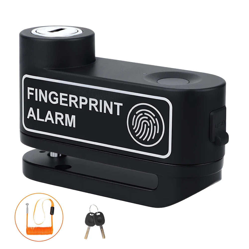 A black fingerprint alarm device is shown with accessories like a wire and keys.