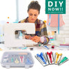A complete DIY bias tape maker set with binder foot and tools, including various sewing implements.