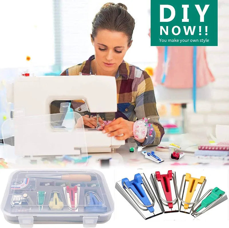 A complete DIY bias tape maker set with binder foot and tools, including various sewing implements.