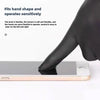 A hand wearing black nitrile disposable gloves is operating a silver tablet device.