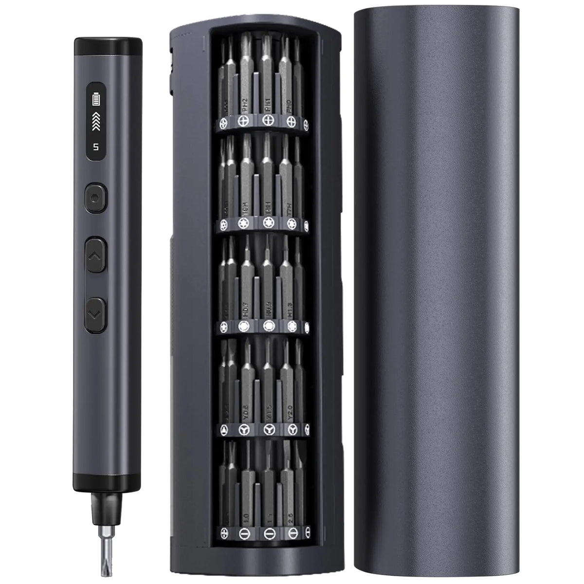 A black electric precision screwdriver set with a magnetic case and rechargeable battery inside.