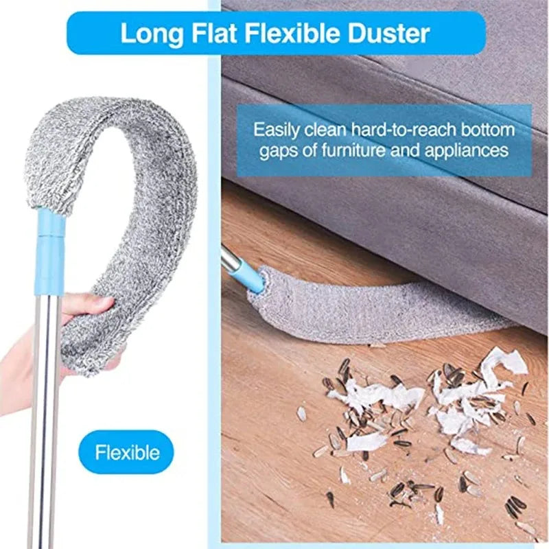 A long flat flexible duster with a telescopic handle is shown cleaning bottom gaps of furniture.