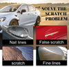 A white car is shown next to various examples of paint damage including nail lines, false scratches, a scratch mark, and fine