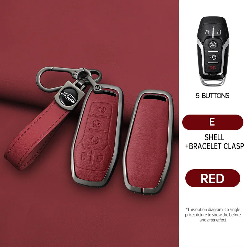 A red leather key case with a bracelet clasp and a black electronic remote featuring five buttons