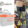 Before and after comparison showing a chaotic drill bit storage solution replaced by an organized magnetic hex bit holder key