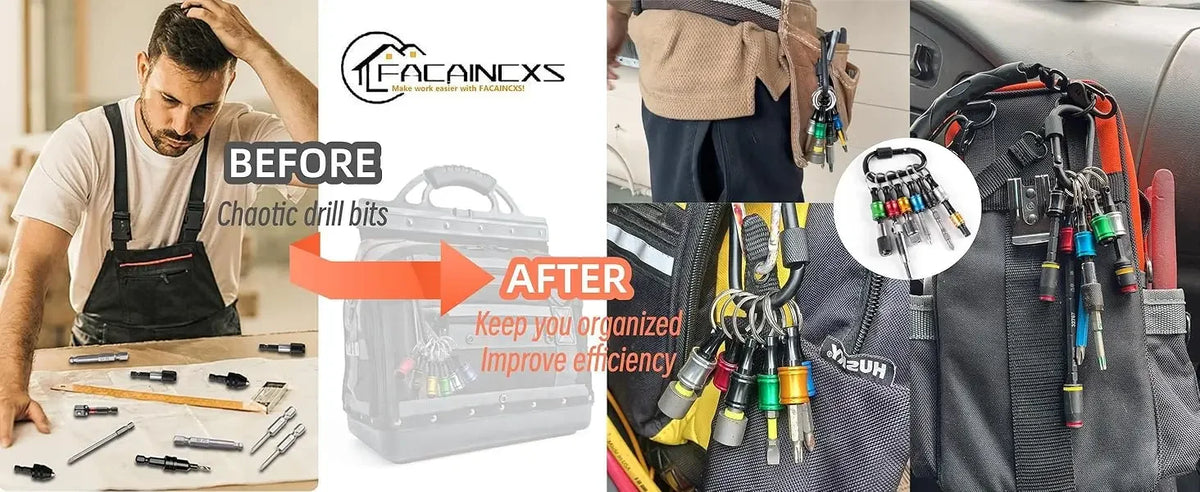 Before and after comparison showing a chaotic drill bit storage solution replaced by an organized magnetic hex bit holder key