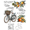 A set of illustrations featuring a bicycle, leaves, and oranges with text for card making.