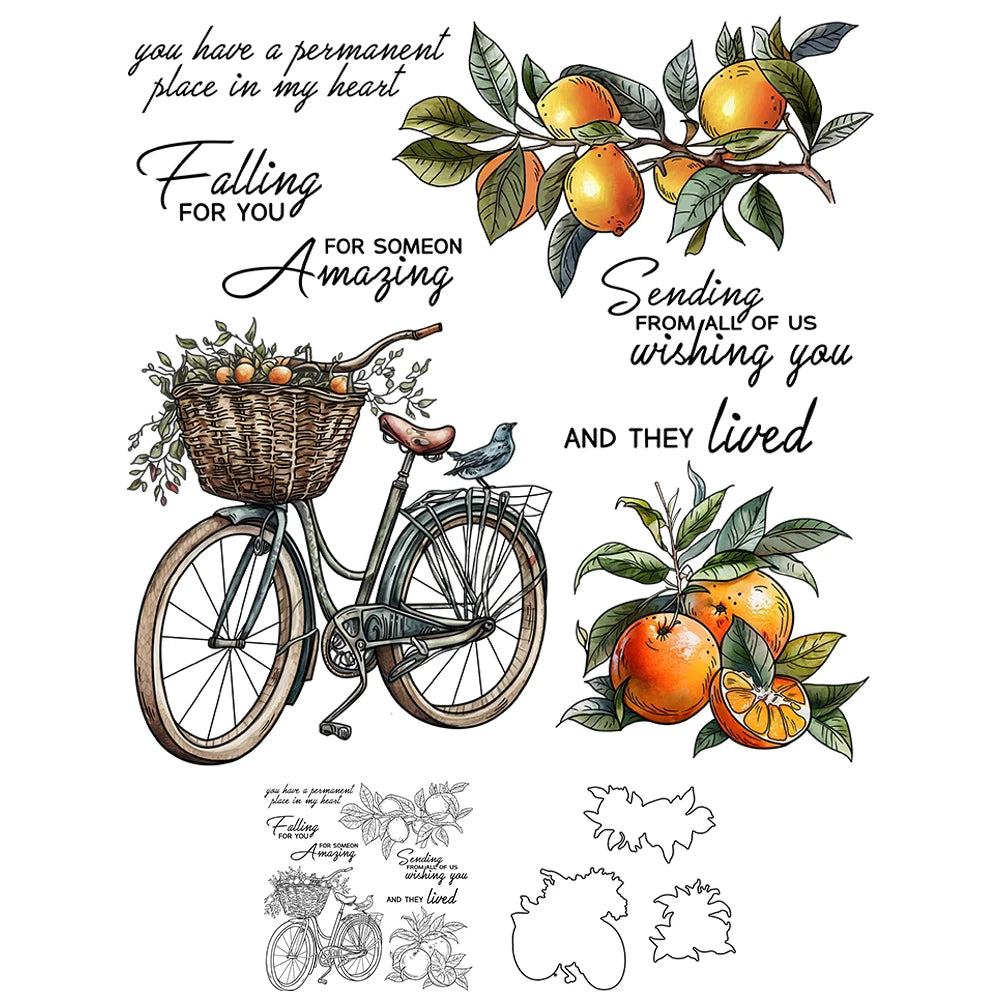 A set of illustrations featuring a bicycle, leaves, and oranges with text for card making.