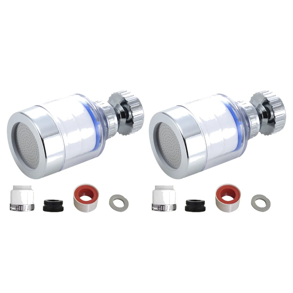 A kitchen faucet water filter assembly with a rotating head and splash guard, including various components.