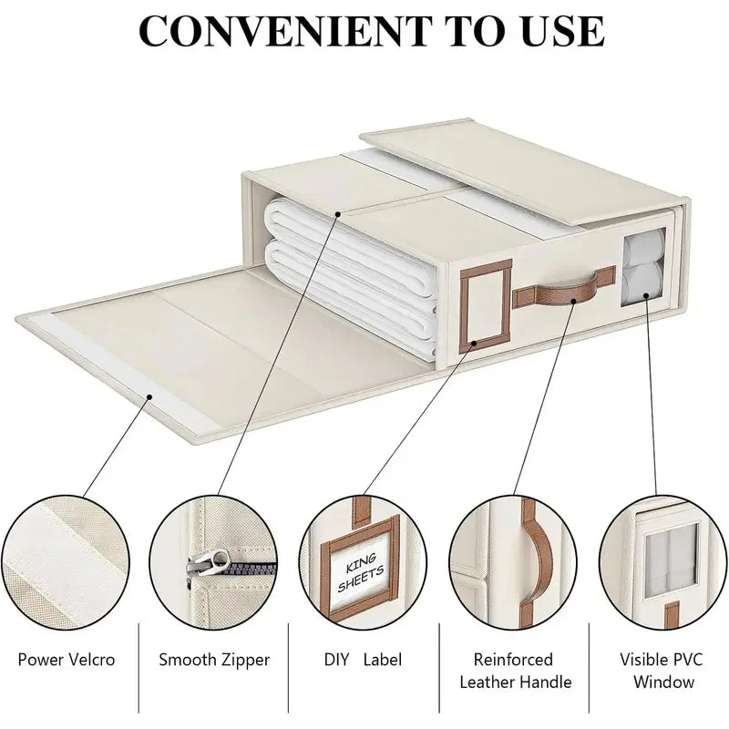 A beige foldable bedding storage box with a clear window showing various features like Velcro, zippers, labels, and leather h