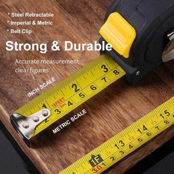 A yellow and black heavy-duty retractable measuring tape is shown next to an inch and metric ruler.