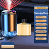 A rechargeable car aroma diffuser with a glass base and a gold essential oil bottle, featuring a starry sky ambient light.
