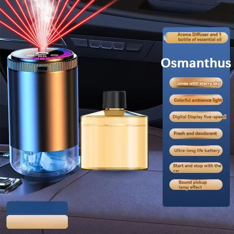 A rechargeable car aroma diffuser with a glass base and a gold essential oil bottle, featuring a starry sky ambient light.