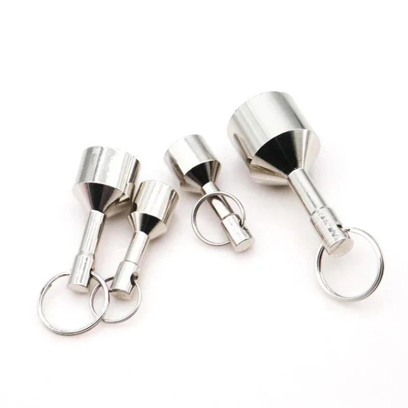 Silver neodymium magnet keychain with a detachable clasp and metal keyring.