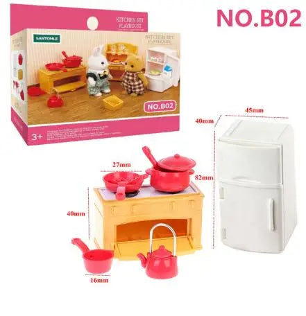 A set of miniature dollhouse furniture and kitchen items featuring forest animal figures in a cardboard box.