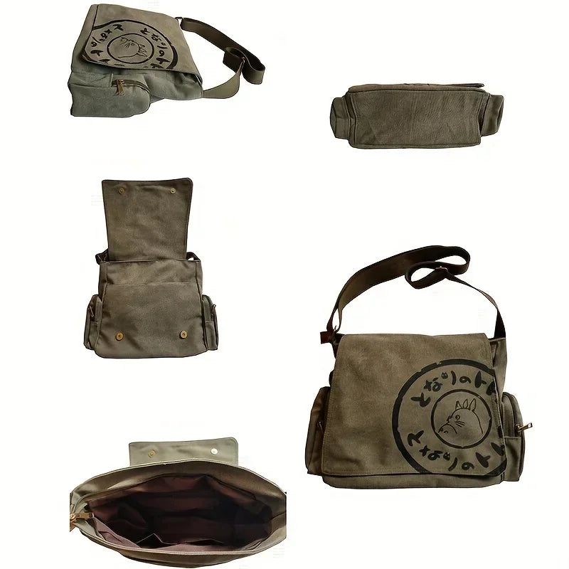 Un conjunto de bolsos cruz tote de lona verde oliva, mostrados en diferentes vistas dobladas y abiertas.