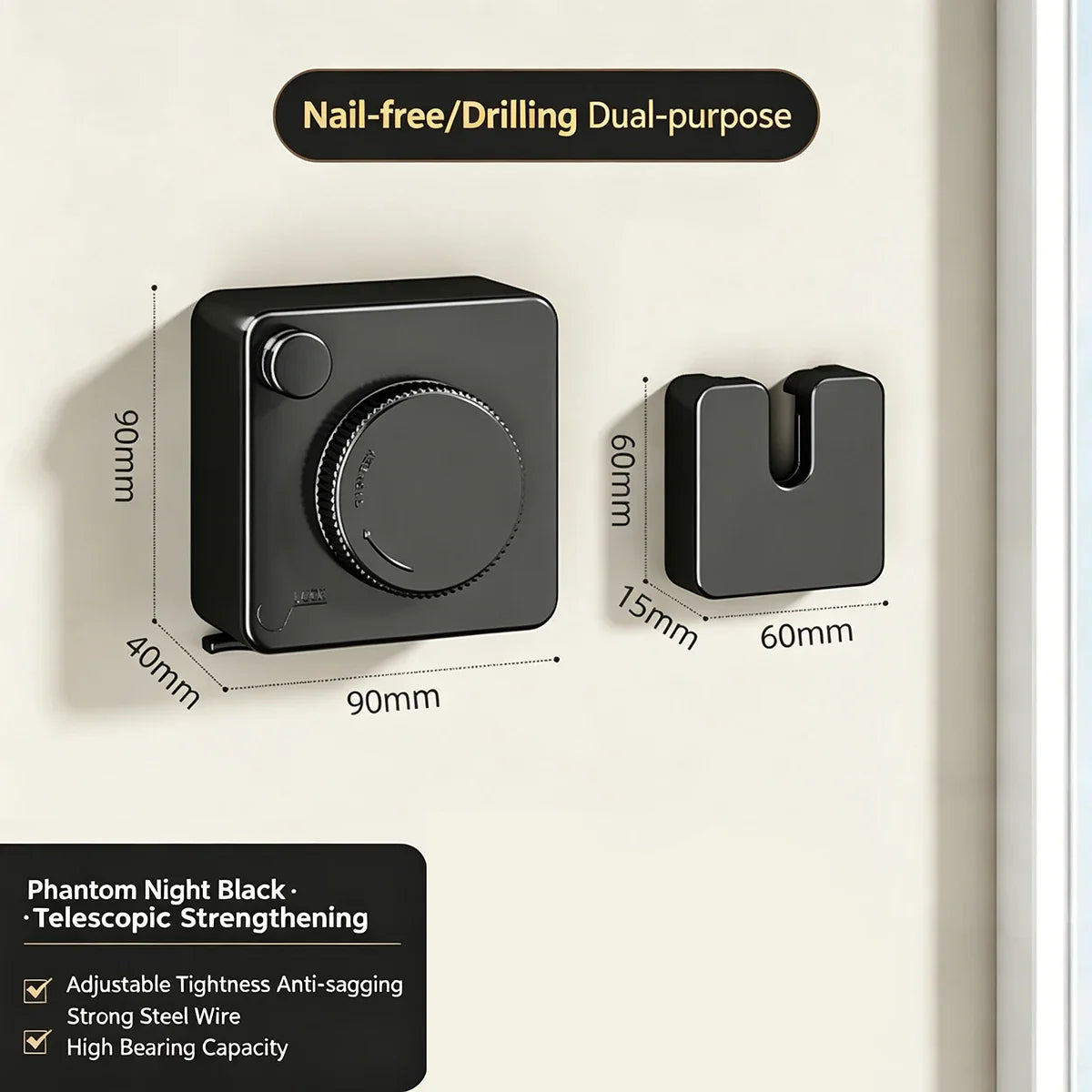 Black nail-free drilling dual-purpose retractable clothesline with telescoping strengthening features
