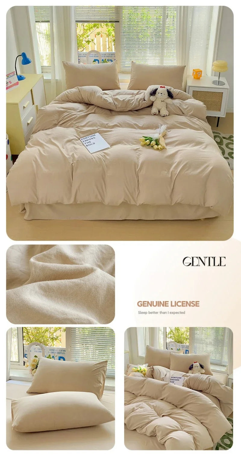 A beige solid cotton bedding set featuring a duvet cover, flat sheet, and pillowcases with a small stuffed animal.