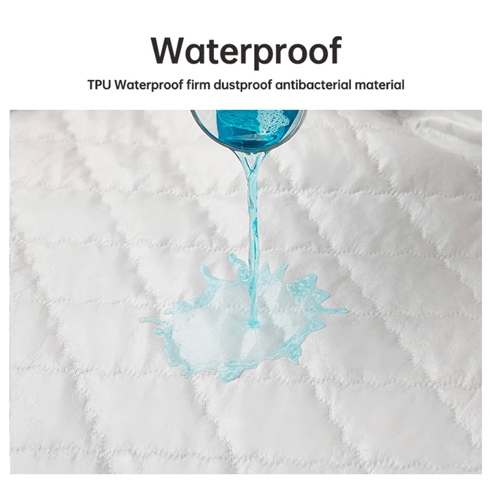 A glass of blue liquid is dripping onto a white quilted surface, demonstrating the waterproof property of the material.