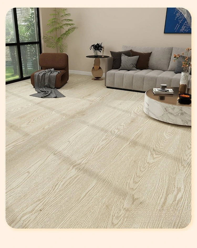 Light wood grain peel-and-stick floor stickers installed on a modern living room floor.
