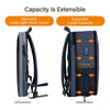 A dark blue slim expandable laptop backpack shown in two configurations demonstrating its capacity and size.