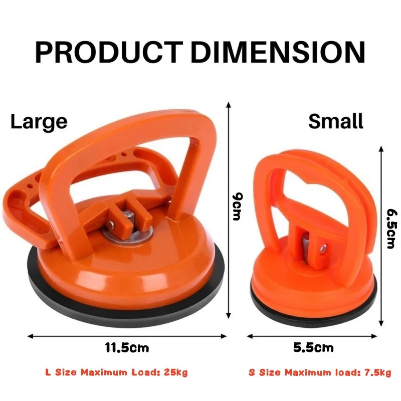 Product dimension diagram showing the size and maximum load capacity of a large and small car dent puller kit.